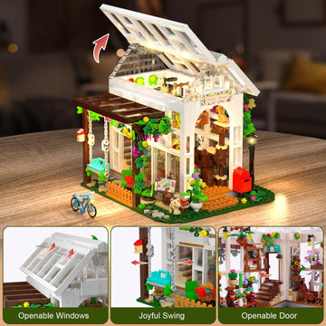 Hogokids Flower House Building Set With Led Light - 1332 Pcs Garden House Buiding Toy With Flowers Potted Plants Parrot Cat Animals Playset Greenhouse Model Xmas Gift For Adults Teens Girls 6-12 Years