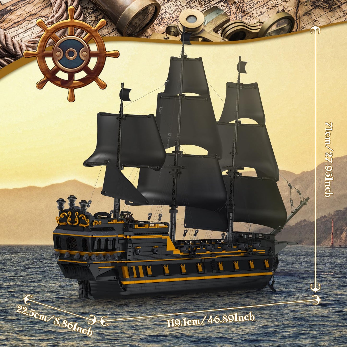 Mould King Large Pirate Ship Model Kit - Black Pearl, 5266+ Pieces, 46.89" x 27.95" x 8.86", Plastic, MK-13186