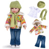 Rakki Dolli Doll Clothes Set 5 Pc. Set Includes Colorful Yellow Coat, Green Scarf And Hat, Blue Jeans & White T-Shirt Baby Doll