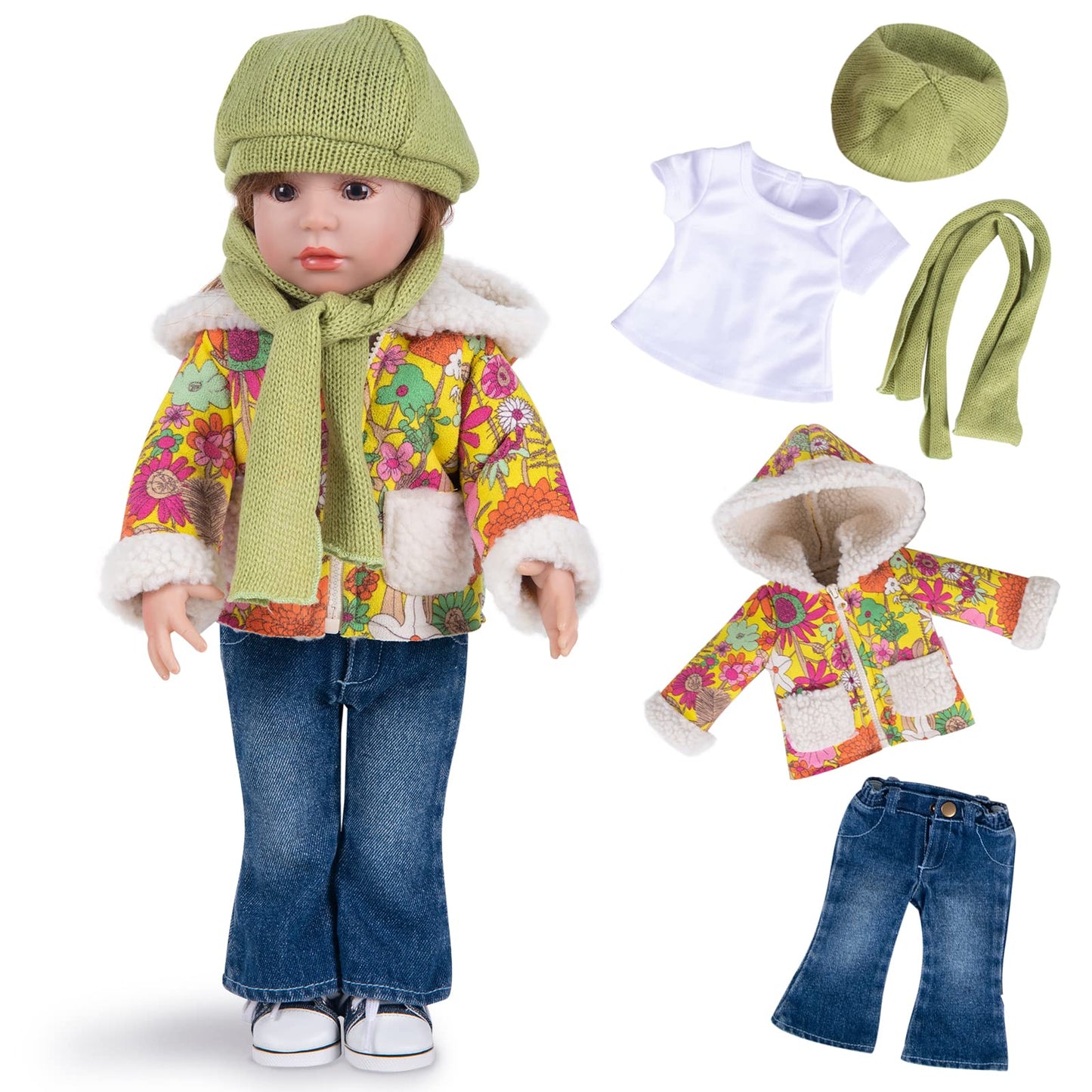 Rakki Dolli Doll Clothes Set 5-Pc Fashion Mustard Winter Coat Set Includes Warm Coat, Shirt, Jeans, Yellow Knit Hat & Knit Scarf