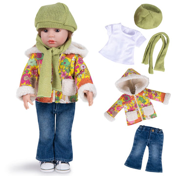 Rakki Dolli Doll Clothes Set 5-Pc Fashion Mustard Winter Coat Set Includes Warm Coat, Shirt, Jeans, Yellow Knit Hat & Knit Scarf