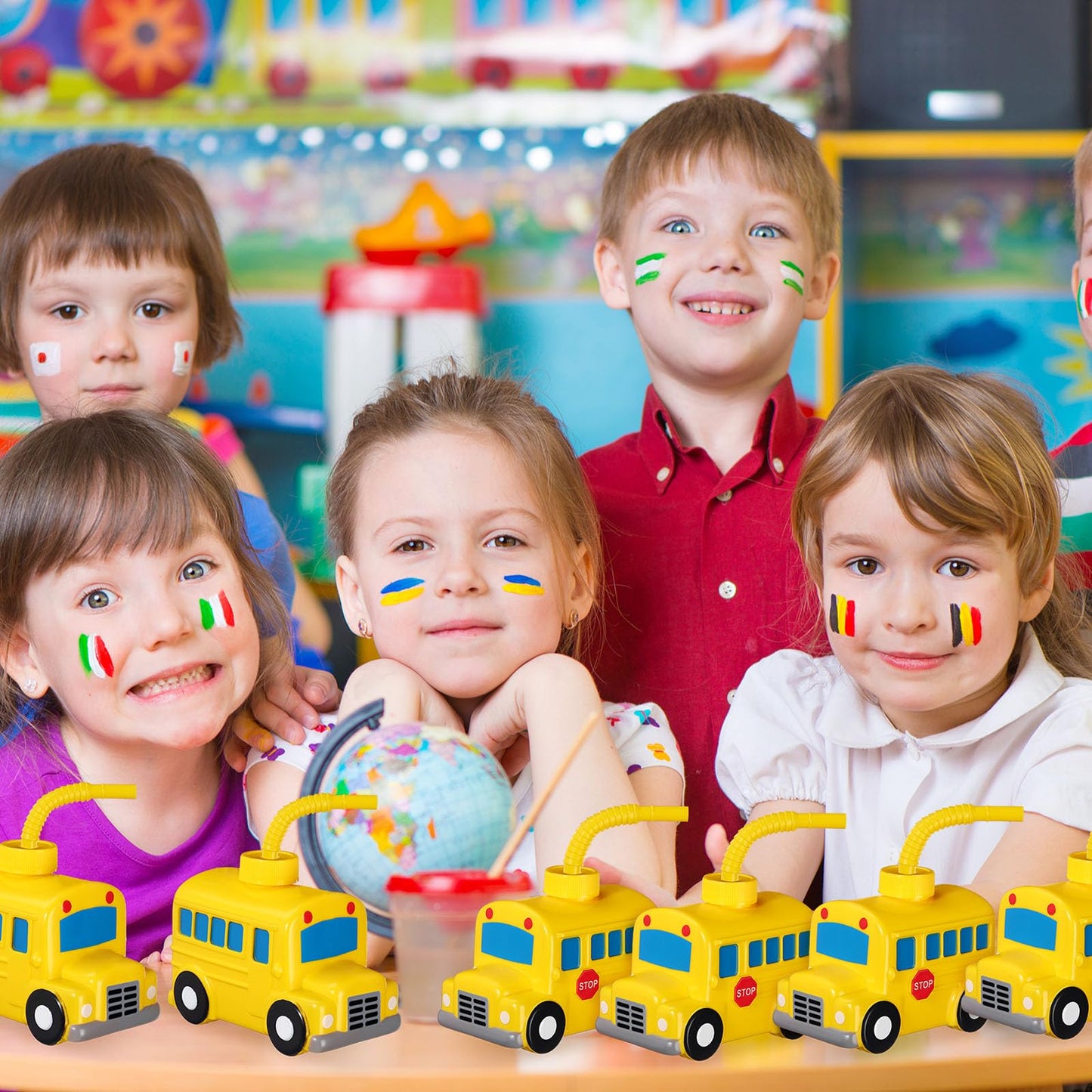 Tanlade 12 Set School Bus Cups with Straws, Plastic Vehicle Bus Shape Cup Bulk First Day of School Birthday Party Favor for Car