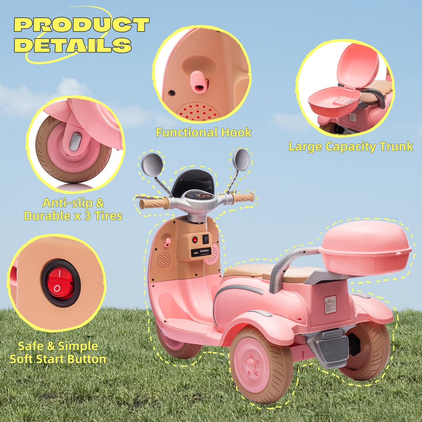 Okybaby 2 Seats Kids Motorcycle, 12V Ride On Electric Motorcycle, 3 Wheels Kids Motorbike With Usb, Bluetooth, Light, Storage Bo