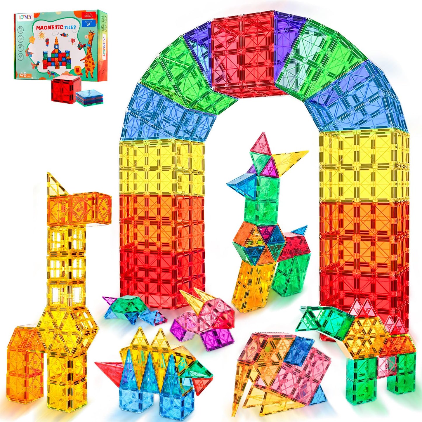 Lotmey Magnetic Tiles for Kids, Magnetic Blocks Building Toys, 3D Magnet Tiles Building Blocks, Preschool Magnetic Toys Stacking