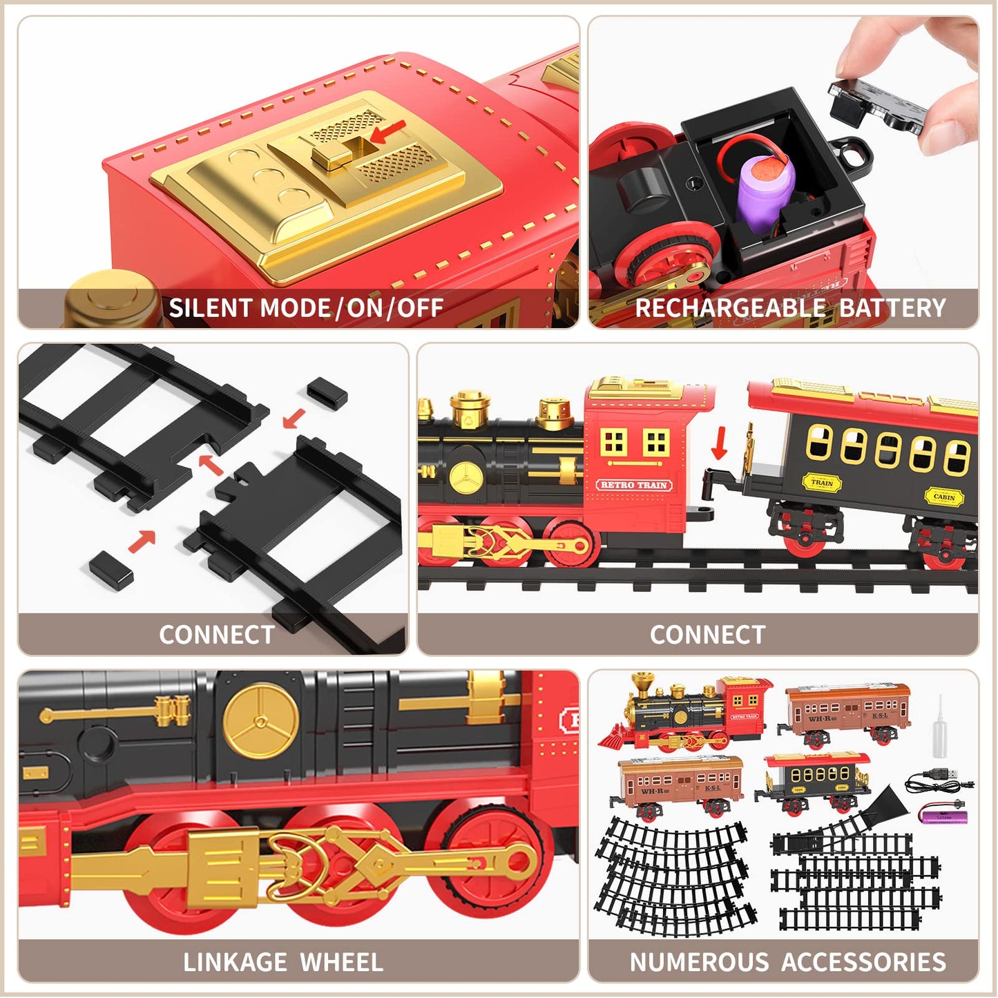 TEMI Train Set for Kids - Rechargeable Red Steam Engine with Cargo Car, Light & Sounds, Medium Size, Gift for Ages 4-7
