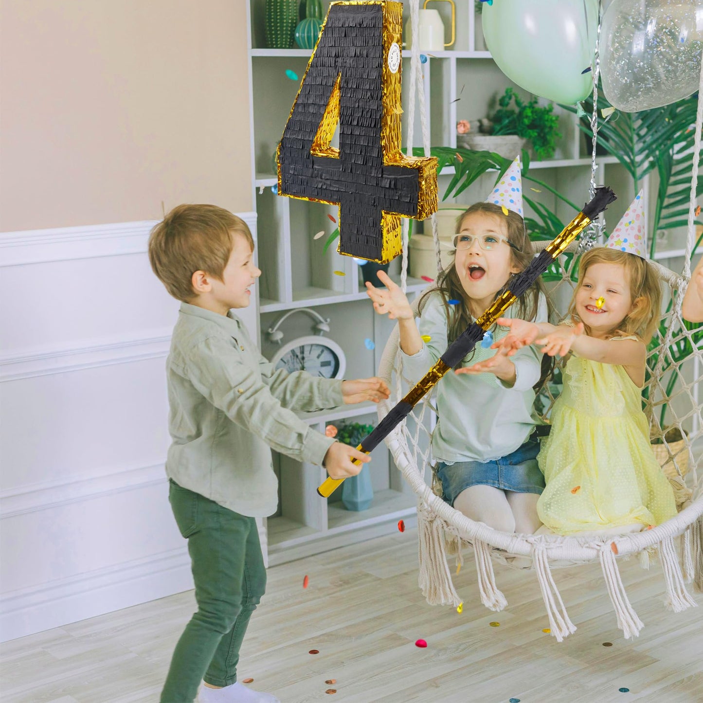 PCFING 20 Inch Number 4 Piata Gold Black with 30 Inch Piata Stick Blindfold Confetti for Man Women Kids Birthday Party Decoratio