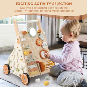 Pithfor Wooden Baby Walker, Baby Push Walker With Activity Center For Girls Boys, Push Walker Toys For Babies Learning To Walk,