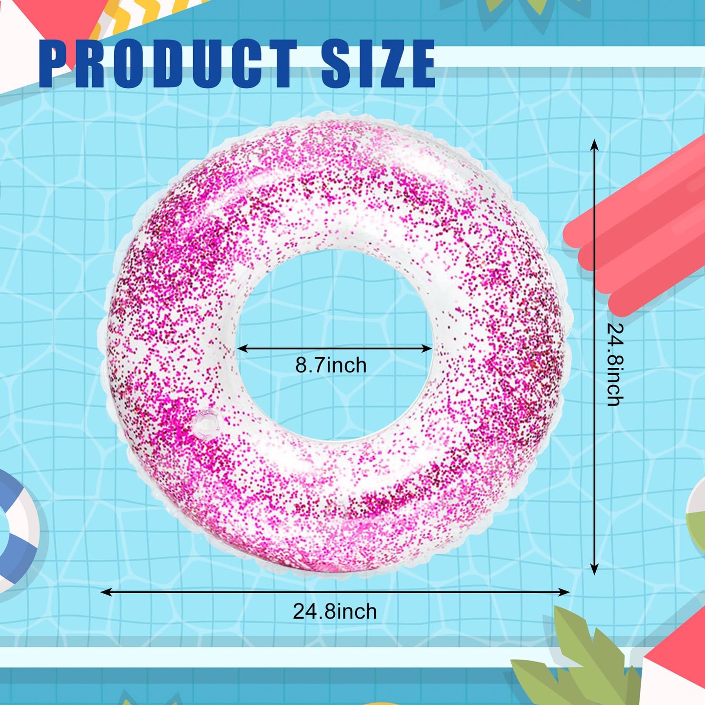 Whaline 4Pcs Inflatable Pool Floats Toys Clear Swim Tubes Rings Glitter Hot Pink Pool Tube For Teen Boys Girls Outdoor Summer Sw