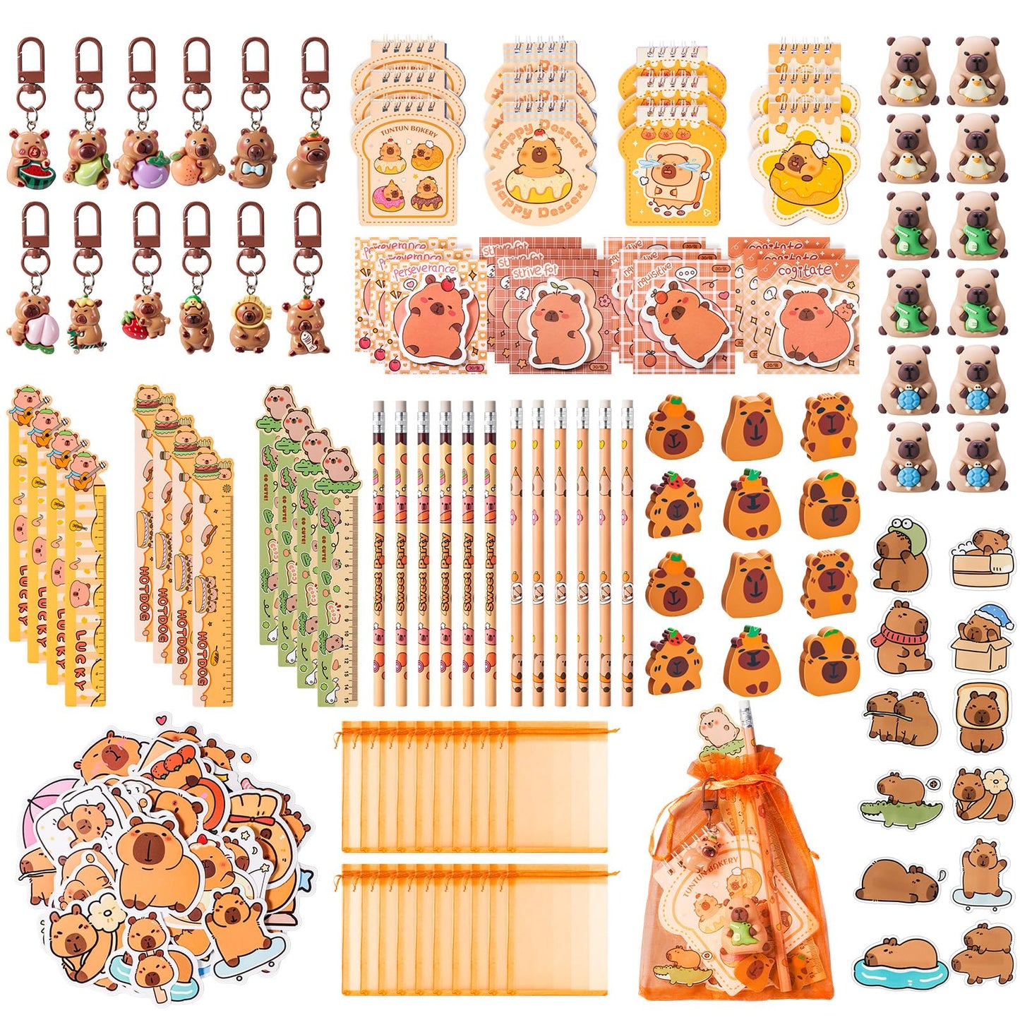Nosiny 158 Pcs Capybara Party Favors Animal Birthday Stationery Set, Capybara Pencil Ruler Eraser Pencil Sharpener Keychain Note