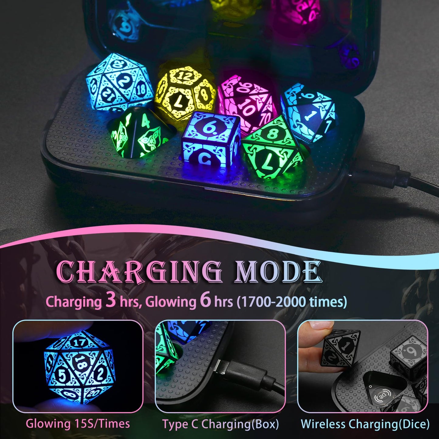 ZHOORQI LED DND Dice Set Rechargeable, Cool Light up Dice Wireless Charging for Dungeons and Dragons, Polyhedral Role Playing Di