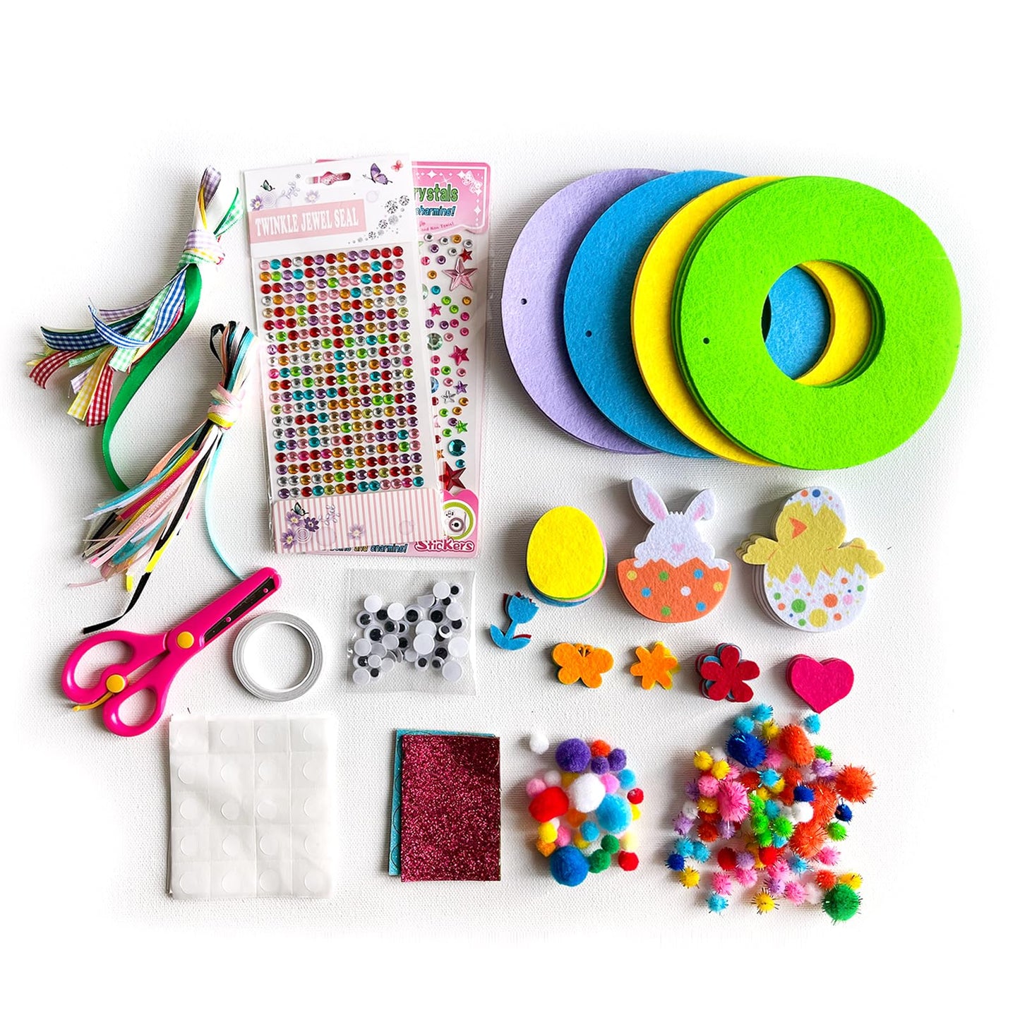 Jremreo 12 Sets DIY Easter Wreath Craft Kits, Foam Signs with Easter Egg, Bunny, and Chick Stickers, Pom-Poms, Googly Eyes, for