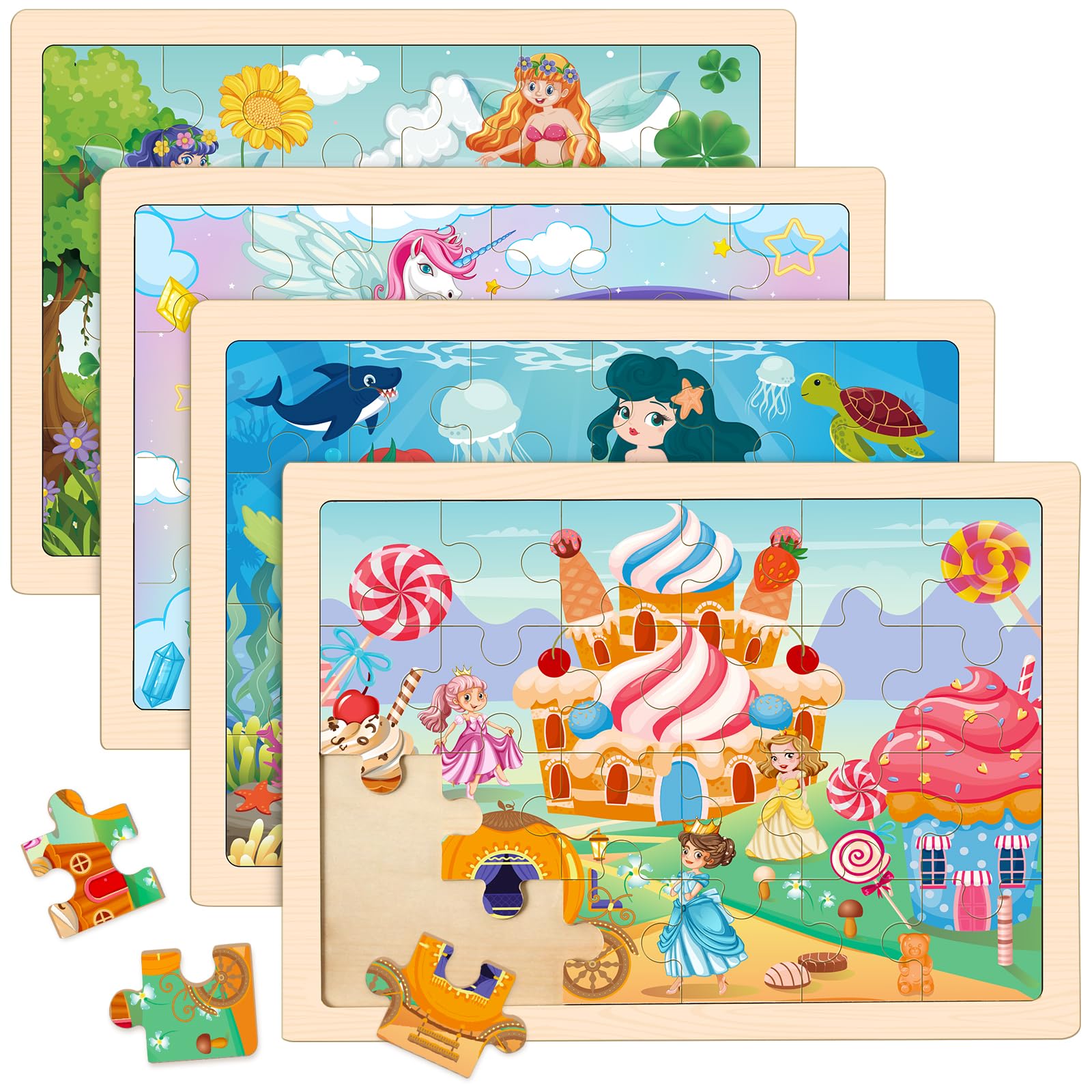 Princess Unicorn Mermaid Fairy Puzzles For Kids Ages 4-6, 4 Packs Wooden Jigsaw Puzzles For Toddlers Girls 2-4, Preschool Educat