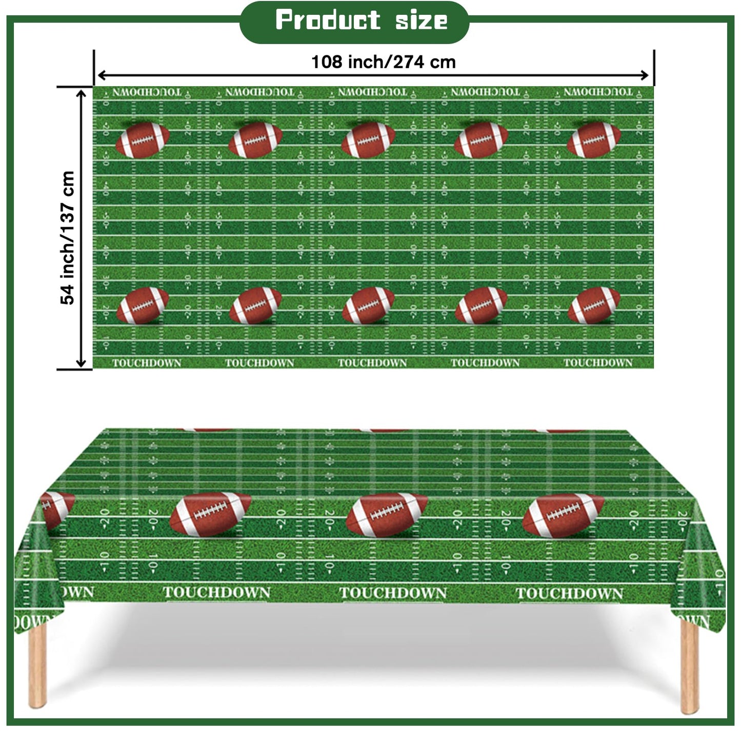 Kesfey 3 Packs Football Tablecloth 54 X 108 Inches Green Football Field Touchdown Tablecover Disposable Plastic Rugbyl Themed Bi
