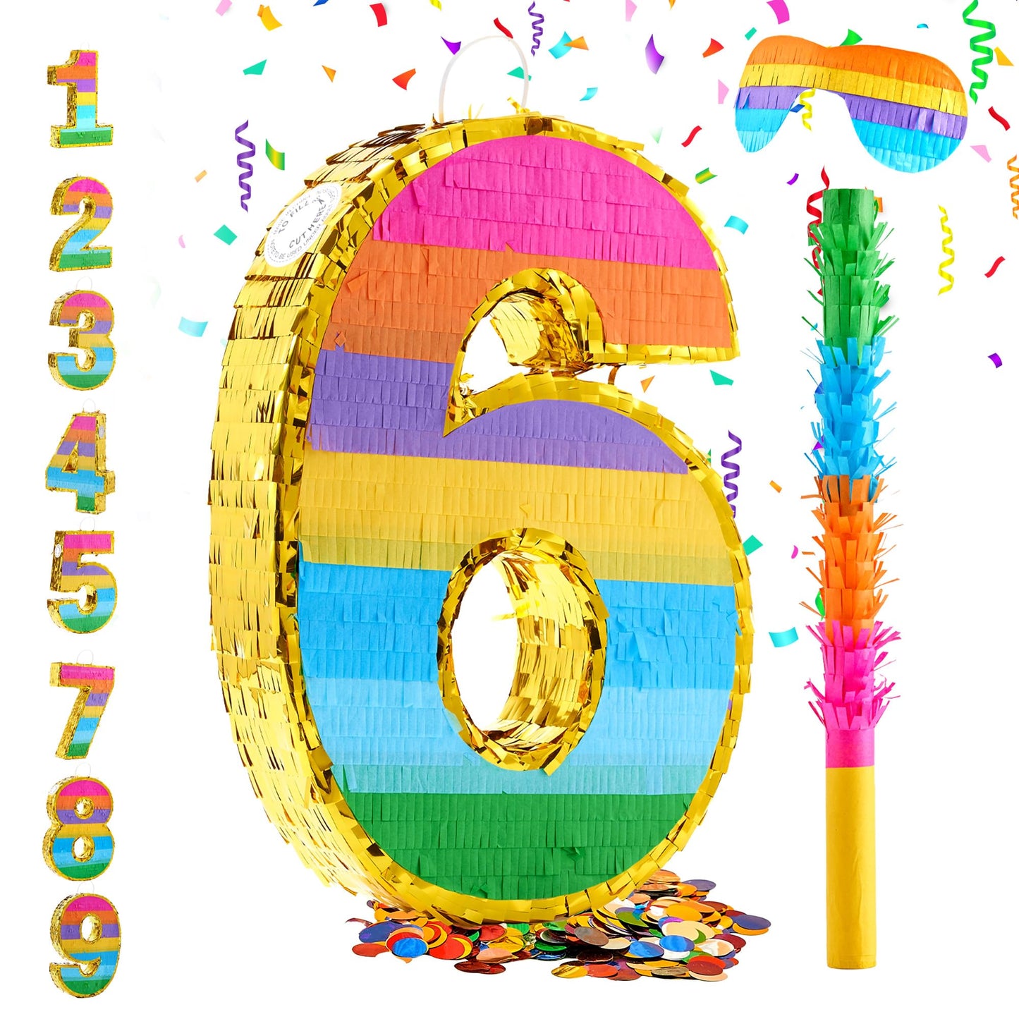 MUWOOB Rainbow Number 6 Pinata for 6th Birthday Party Decorations, Fiesta, Kids Anniversary Celebration, Birthday Pinata with St