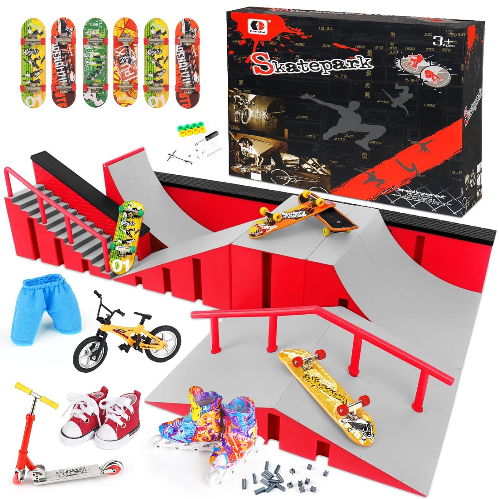 Hamino 14 in 1 Fingerboard Skate Park Ramp Kit, Finger Skateboards Toys with Scooter Bike Skate Canvas Shoes Finger Shorts, Mini