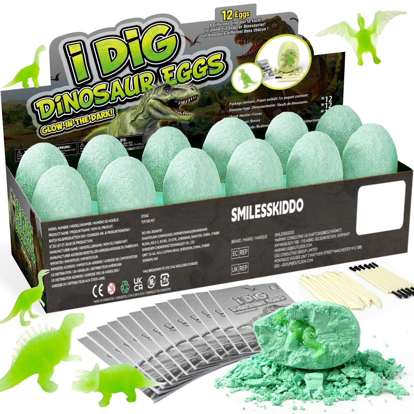 Smilesskiddo Dino Eggs Dig Kit - 12 Pack Glow In The Dark Dinosaur Eggs Excavation Kit, Stem Fossil Digging Activity, Dig It Up