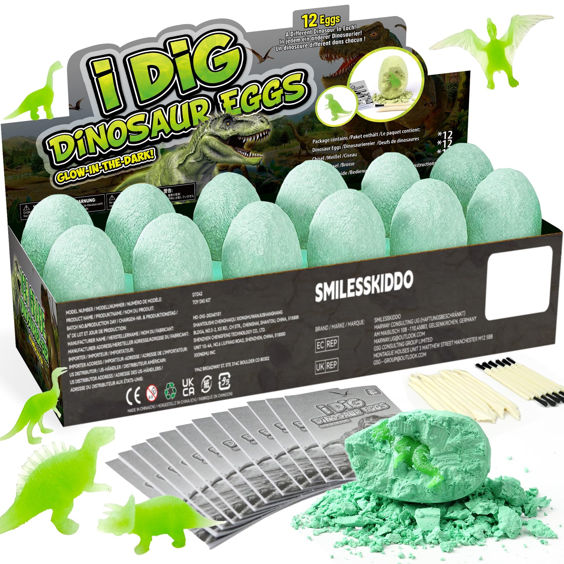 Smilesskiddo Dino Eggs Dig Kit - 12 Pack Glow In The Dark Dinosaur Eggs Excavation Kit, Stem Fossil Digging Activity, Dig It Up