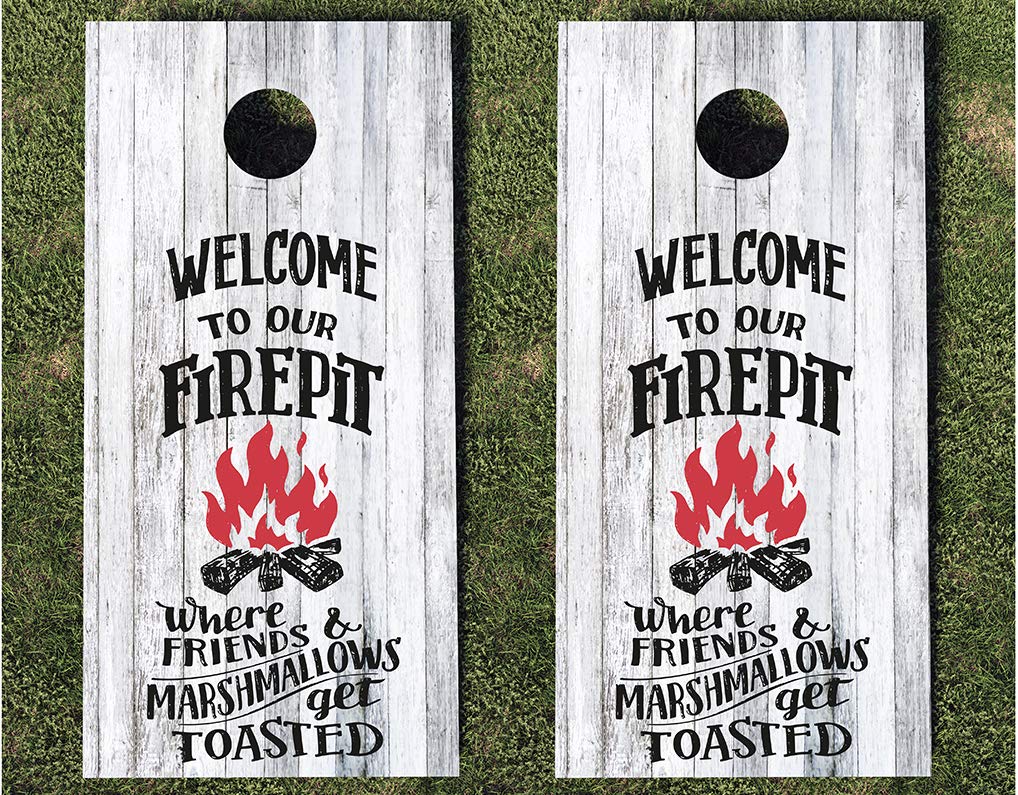 Cornhole Wraps #434 -Welcome To Our Firepit Cornhole Graphic Decals - Includes Application Squeegee - Set Of (2) 25'' X 49'' Wra