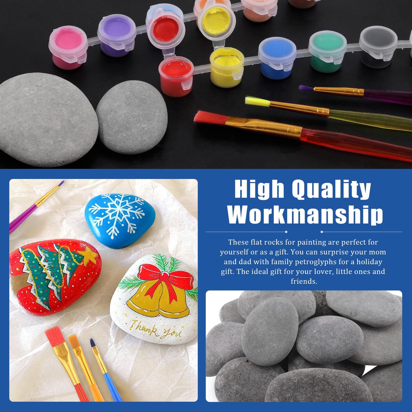 Glarks 34Pcs Rock Painting Kit, Including 15Pcs 2-3 Flat Painting Stones River Rocks, 12 Colors Non-Toxic Washable Paint, 6Pcs P
