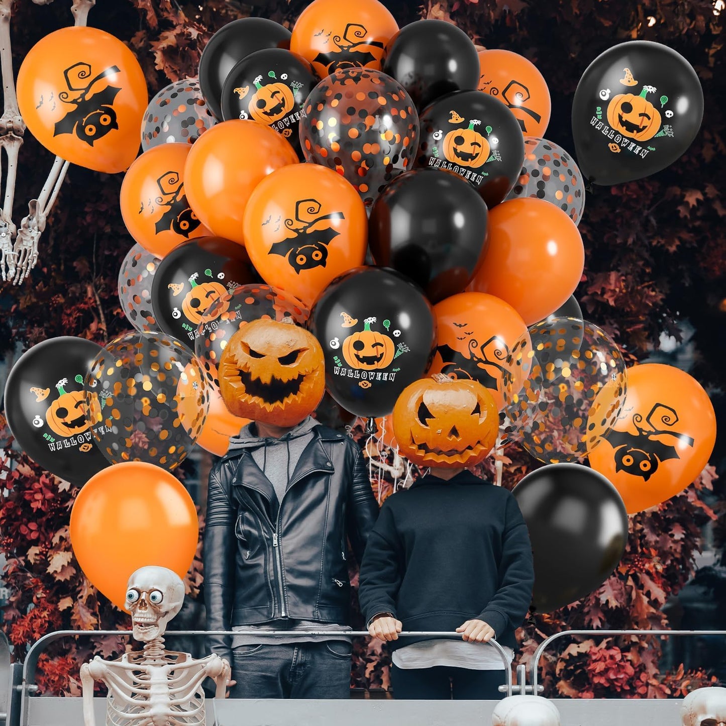 Halloween Balloons,60 Pcs 12 Inches Orange Black Balloons And Black Orange Pinted Pattern Decorative Balloons With Confetti Ball