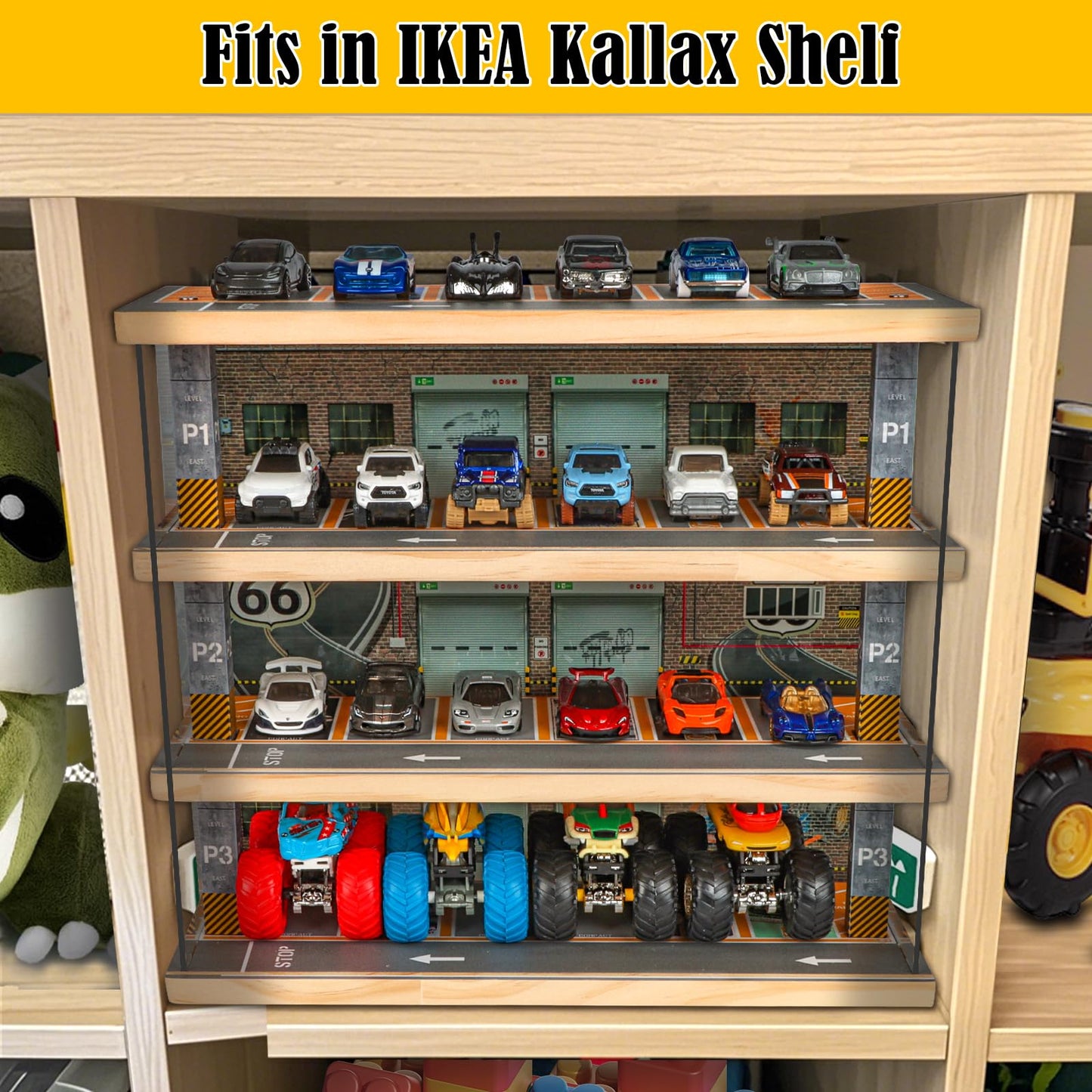 Saichotoy Hot Wheels Storage: Toy Car Parking Garage Diorama With Lights - Freestanding Display Case For 1/64 Scale Diecast Cars
