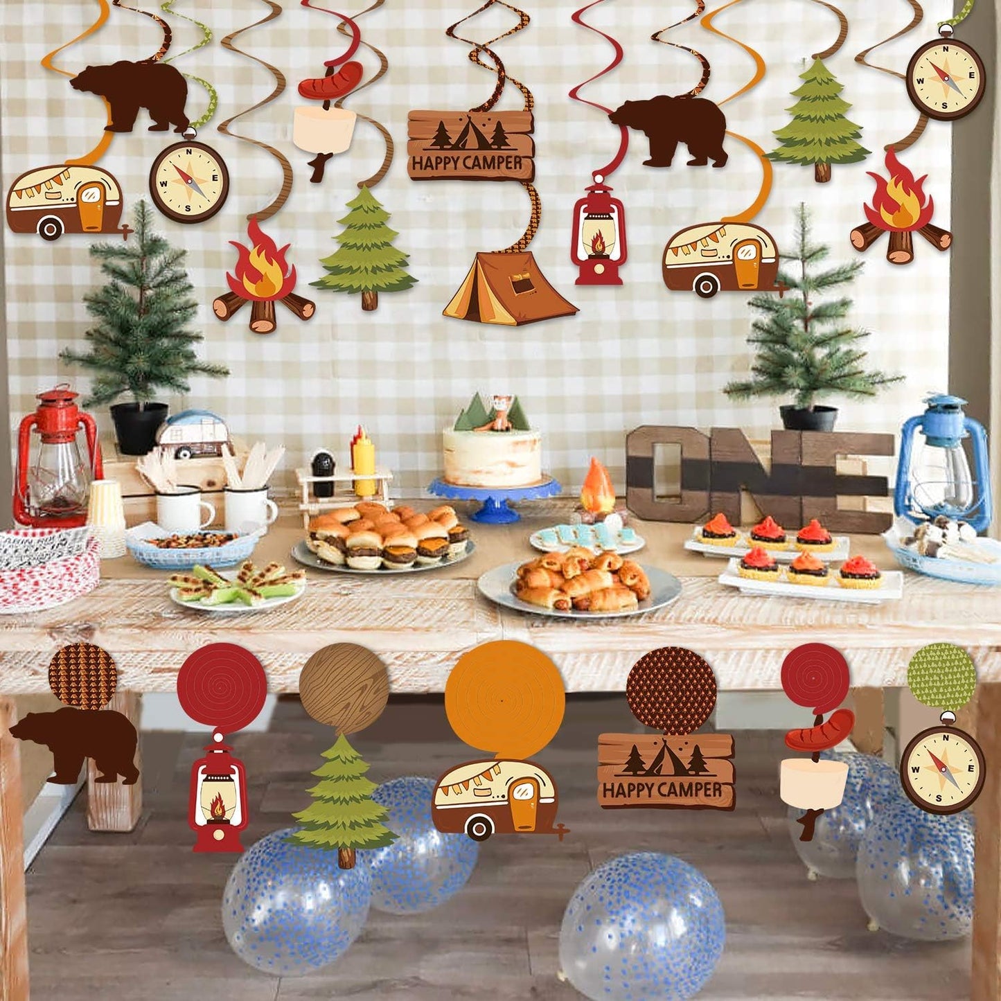 Levfla 30CT Happy Camper Party Hanging Swirls Decoration Camping Kids Birthday Photo Props Ideas Tent Cutouts Adventure SMore W