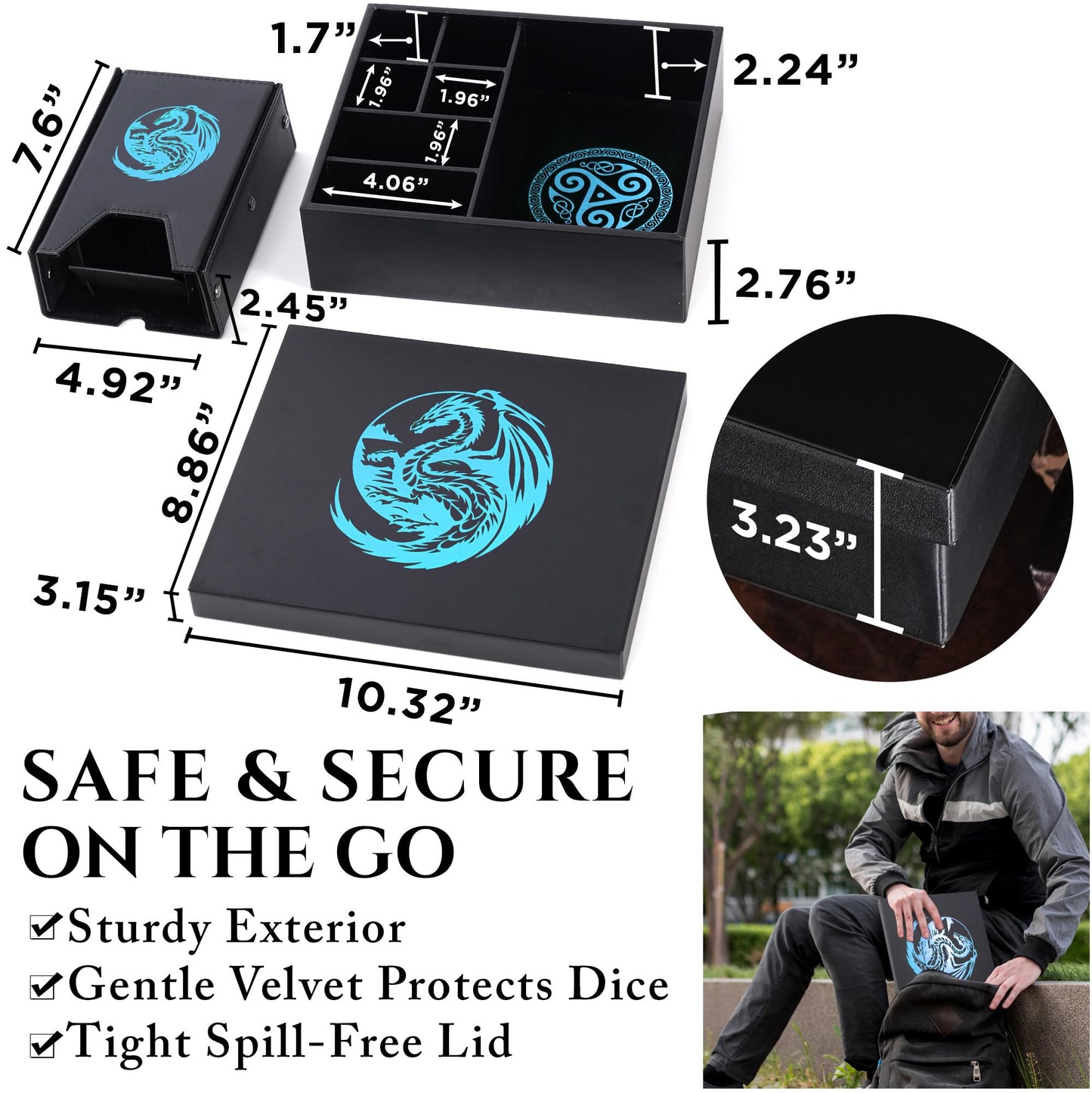 Soar Forge DND Dice Tray & Tower - Large Faux Leather Storage, Blue Dragon, Model SOARDR01