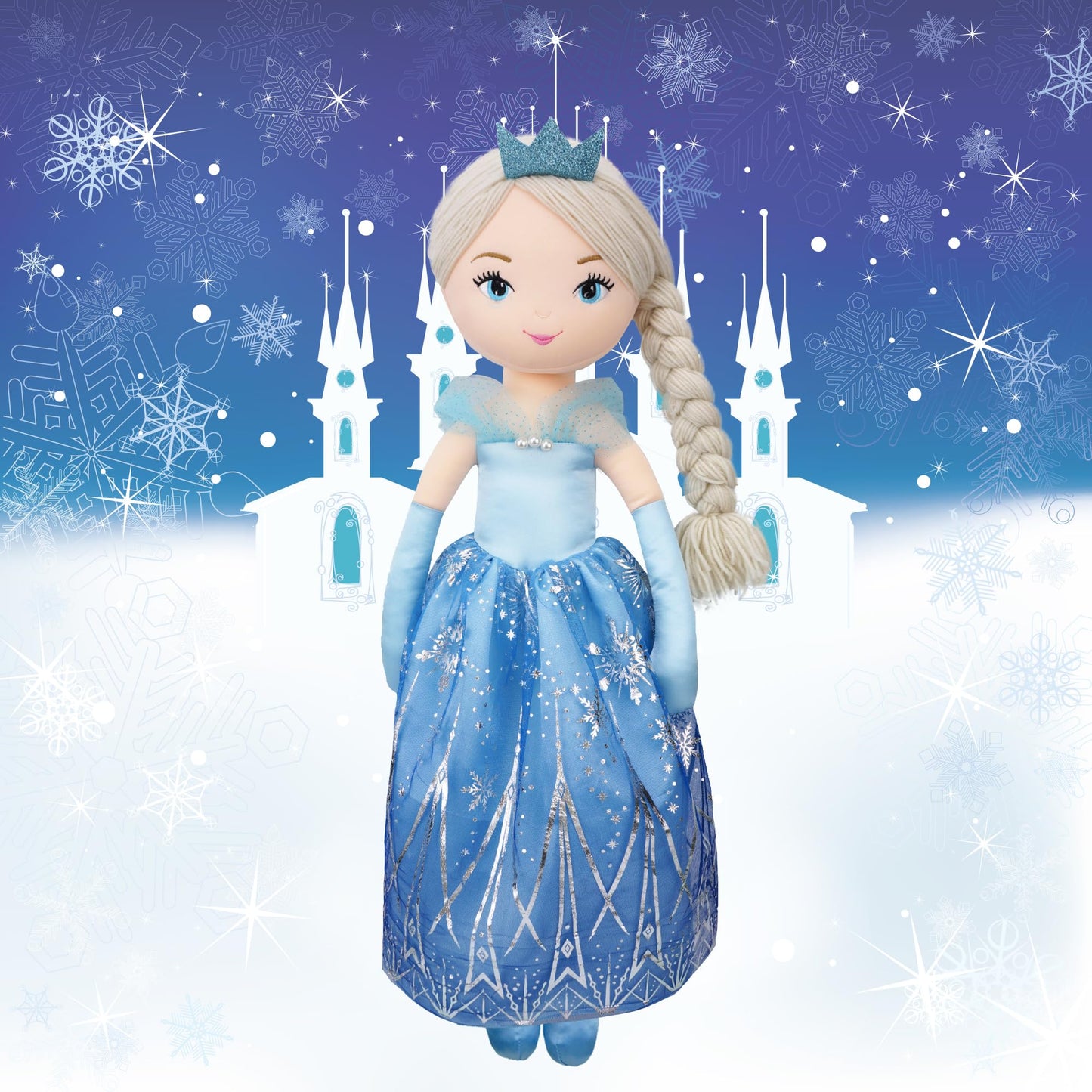June Garden 30" XL Princess Soft Rag Doll Marina - Adorable Life Size Stuffed Doll in Blue Dress for Girls, Polyester Material