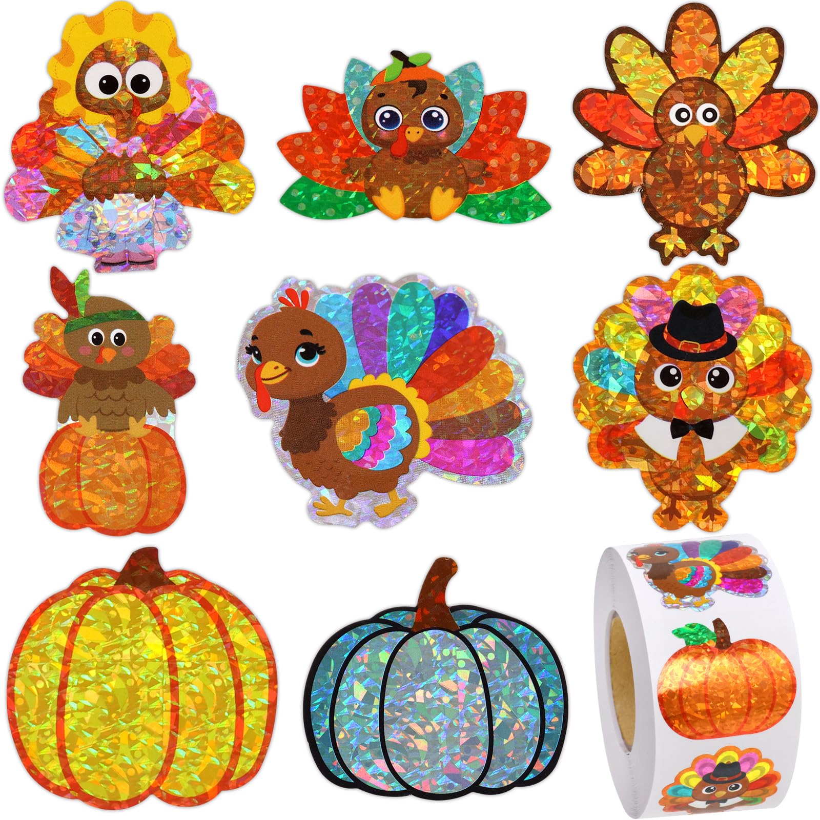 ceiba tree Fall Pumpkin Stickers for Kids Thanksgiving Glitter Turkey Holographic Stickers 1 Roll 500PCS Harvest Decor Decoratio