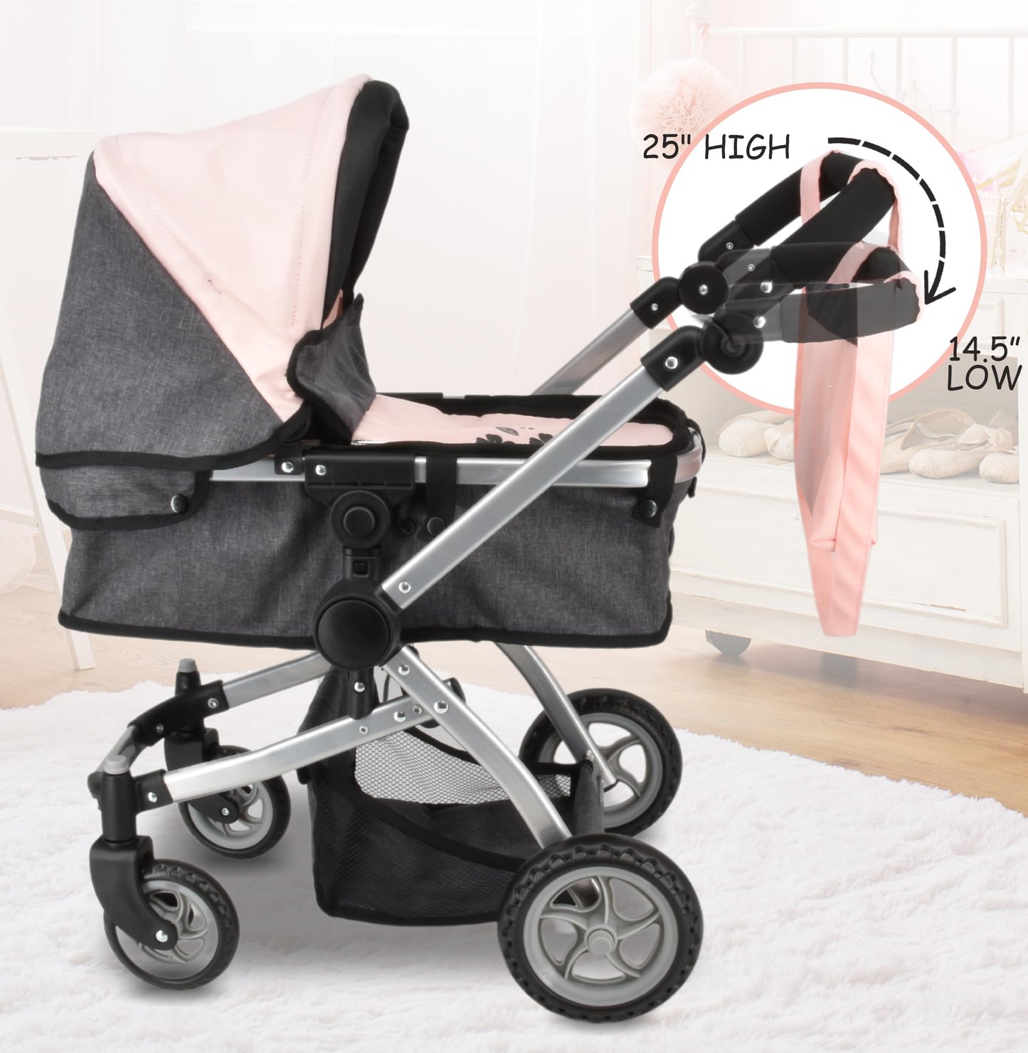 Dolls To Play Baby Doll Convertible Pram Stroller For Kids, Adjustable Handle Foldable Buggy Carriage With Canopy And Storage Ba