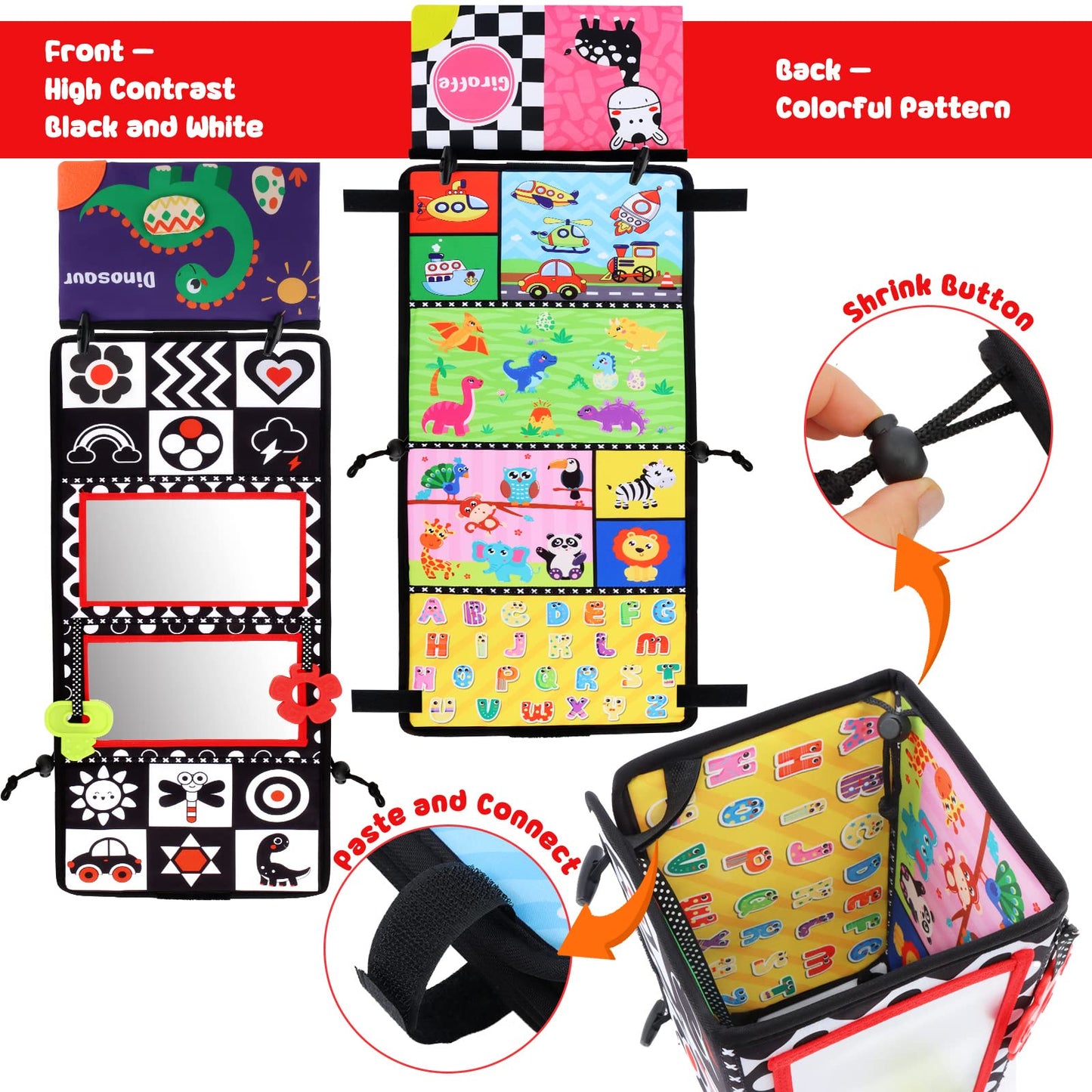 Tummy Time Floor Mirror With Crinkle Cloth Book And Teethers, Double-Sided Baby Mirror Black And White High Contrast Baby Toys,