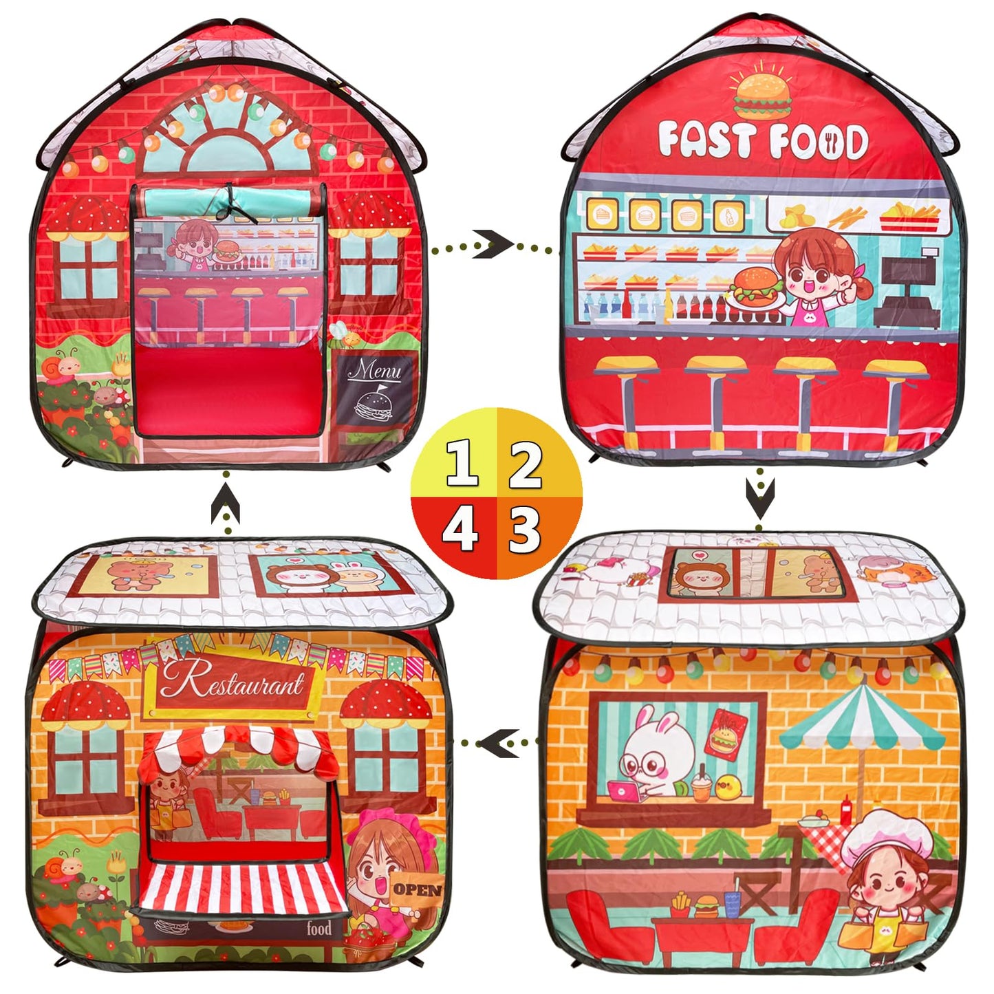 Tikonsyol Kids Play Tent, Pop Up Fast Food Restaurant Play Tent For Kids, Playhouse Indoor Outdoor Folding Portable Play Tent Fo