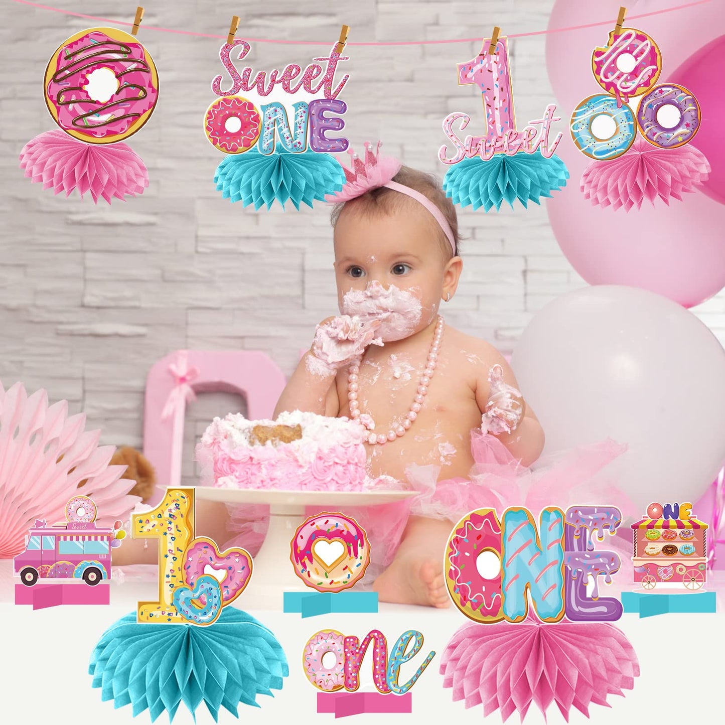 Aodocuto 10Pcs Donut 1St Birthday Honeycomb Centerpiece Party Decor For Baby Boy Girl, Sweet First Donut Birthday Table Centerpi