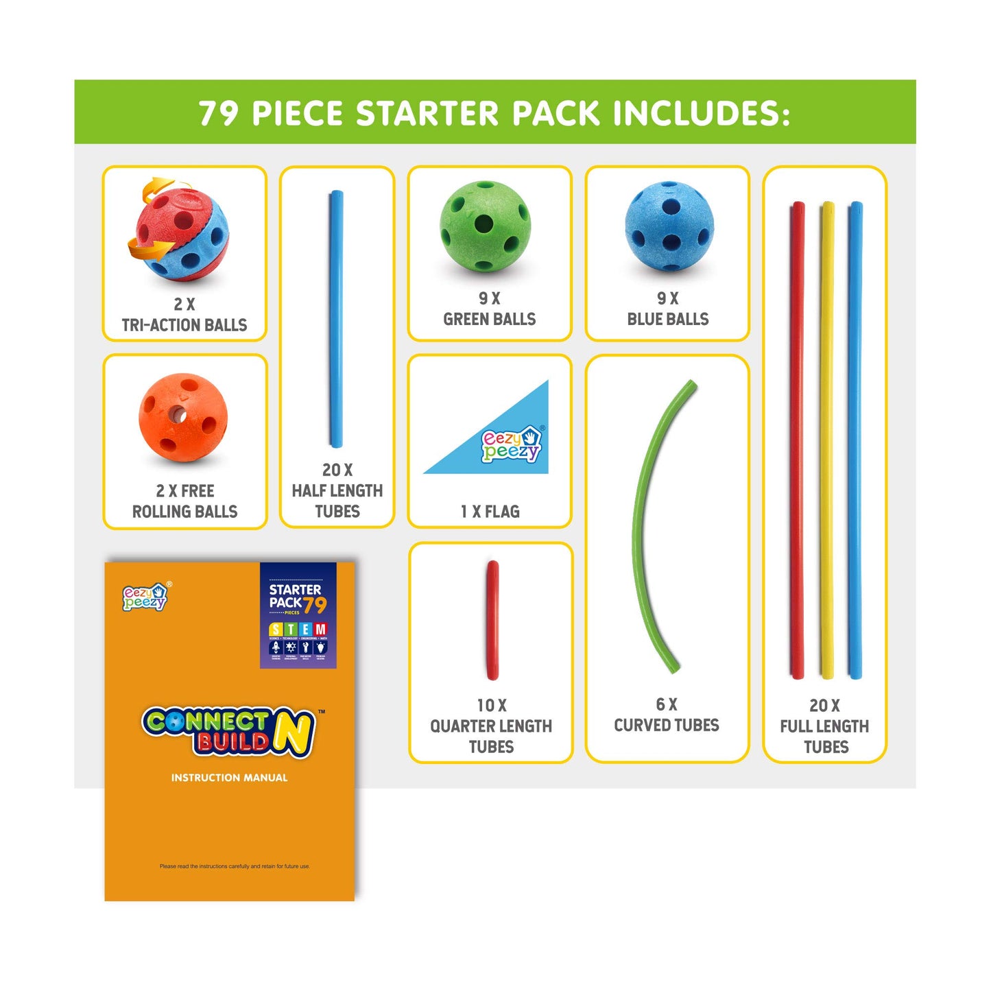 Eezy Peezy Connect N Build Building Toys Starter Pack With 79 Pieces - Stem Toy For Kids