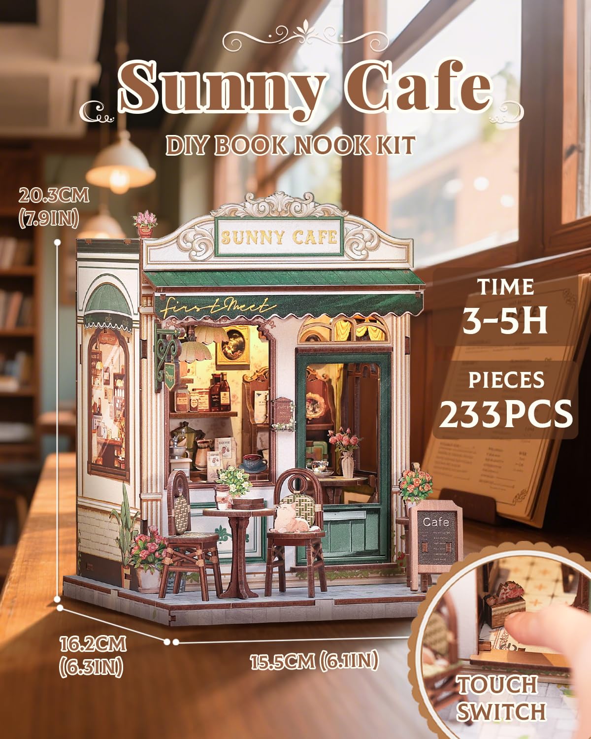 CUTEBEE Book Nook Kit - DIY Miniature House Dollhouse Kit for mature-themed and Teens  Booknook Bookshelf Decor Alley Model Build with LED Light  Gifts for Family and Friends (Sunny Cafe)