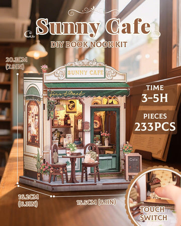 CUTEBEE Book Nook Kit - DIY Miniature House Dollhouse Kit for mature-themed and Teens  Booknook Bookshelf Decor Alley Model Build with LED Light  Gifts for Family and Friends (Sunny Cafe)