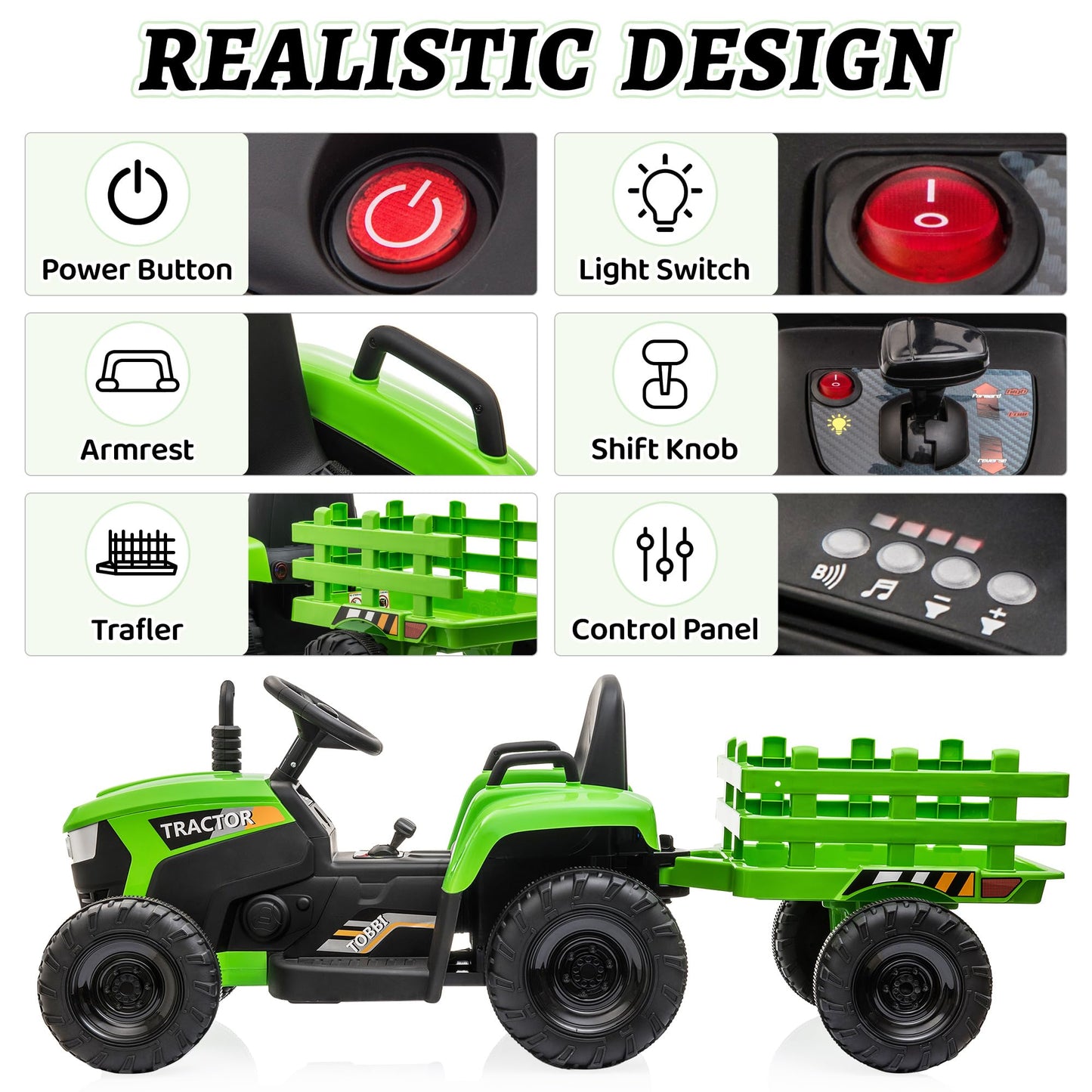 Tobbi 12V Battery-Powered Toy Tractor With Trailer And 35W Dual Motors,3-Gear-Shift Ground Loader Ride On With Led Lights And Usb Audio Functions, Green