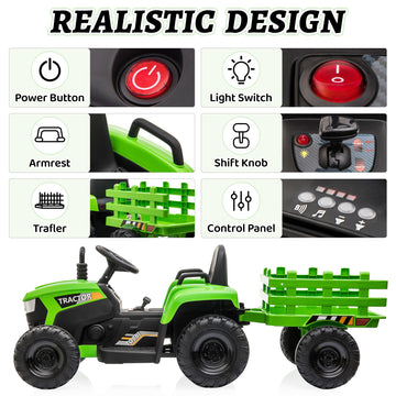 Tobbi 12V Battery-Powered Toy Tractor With Trailer And 35W Dual Motors,3-Gear-Shift Ground Loader Ride On With Led Lights And Usb Audio Functions, Green
