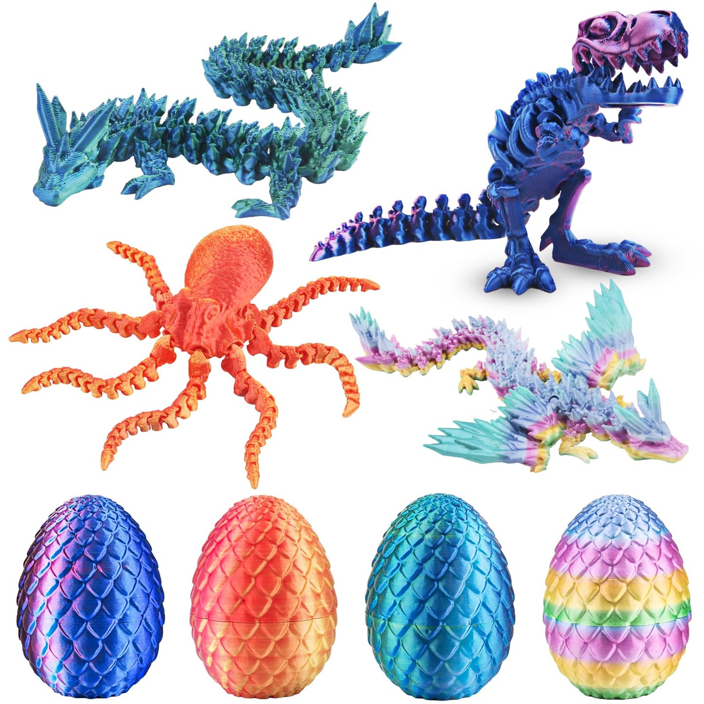 4Pcs 3D Printed Dragon Octopuses With Egg Easter Basket Stuffers Easter Egg 3D Printed Animals Toy Set