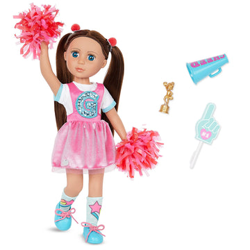 Glitter Girls – Alfie 14-Inch Poseable Cheerleader Doll – Brown Hair & Blue Eyes ¬– Pom Poms, Pink Romper Dress, Hair Clips, Megaphone – Toys & Cheer Accessories For Kids Ages 3+