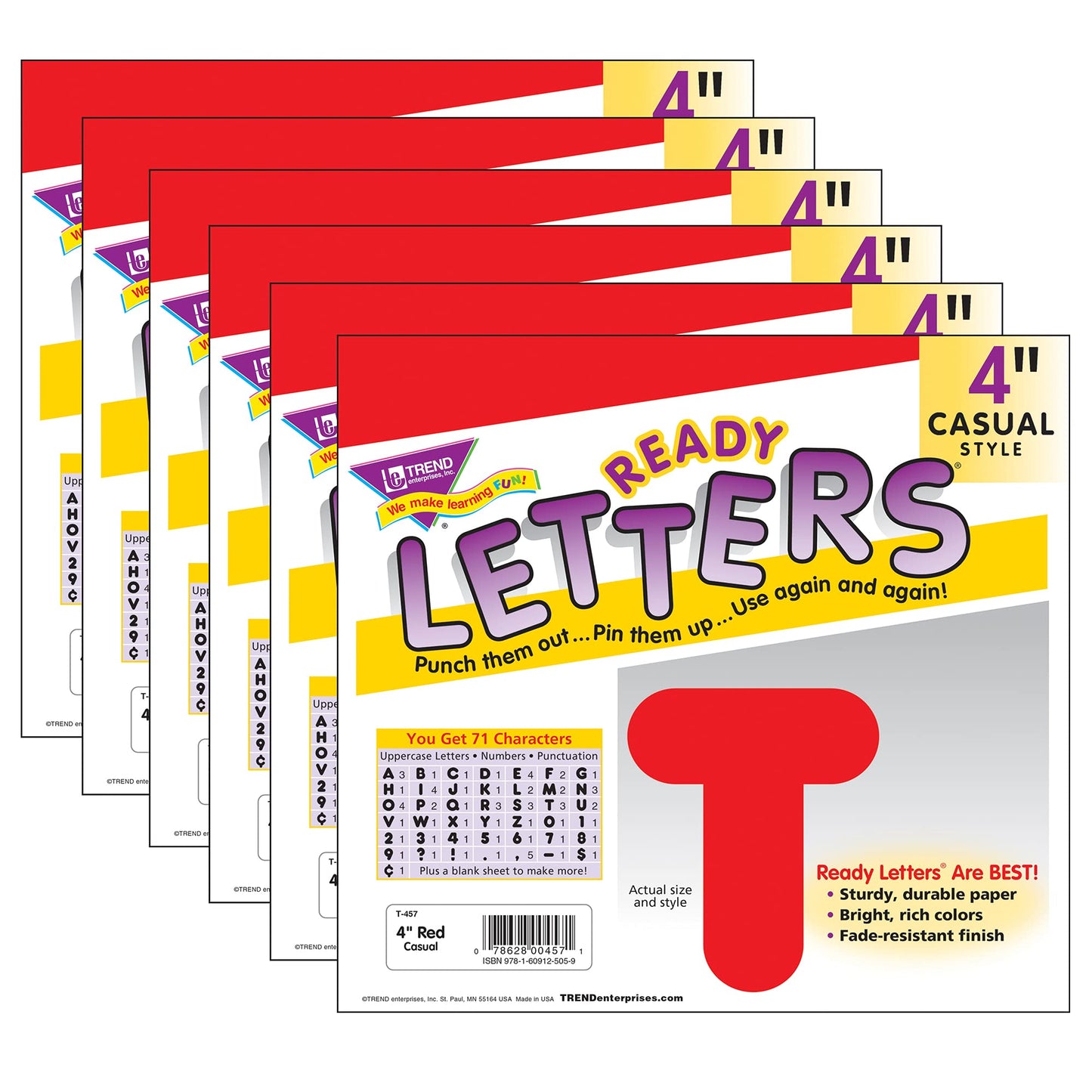 Trend Red 4'' Casual Uppercase Ready Letters, 6 Packs