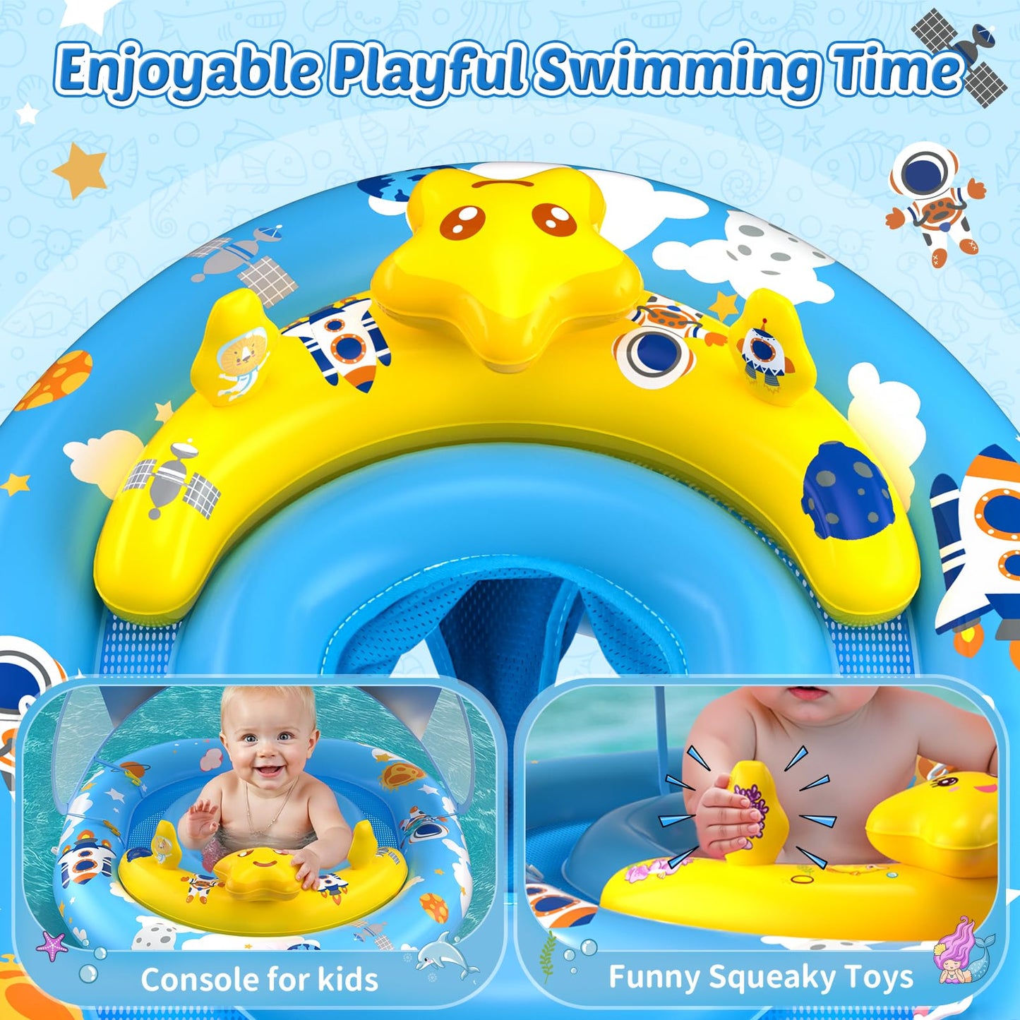 Baby Pool Float with Canopy UPF50+ Sun Protection  Baby Swimming Float with Toy Play Console  Toddler Pool Floats with Adjustable Safety Seat for Kids Infant Todder Girls Boys Aged 6-36 Months (Blue)