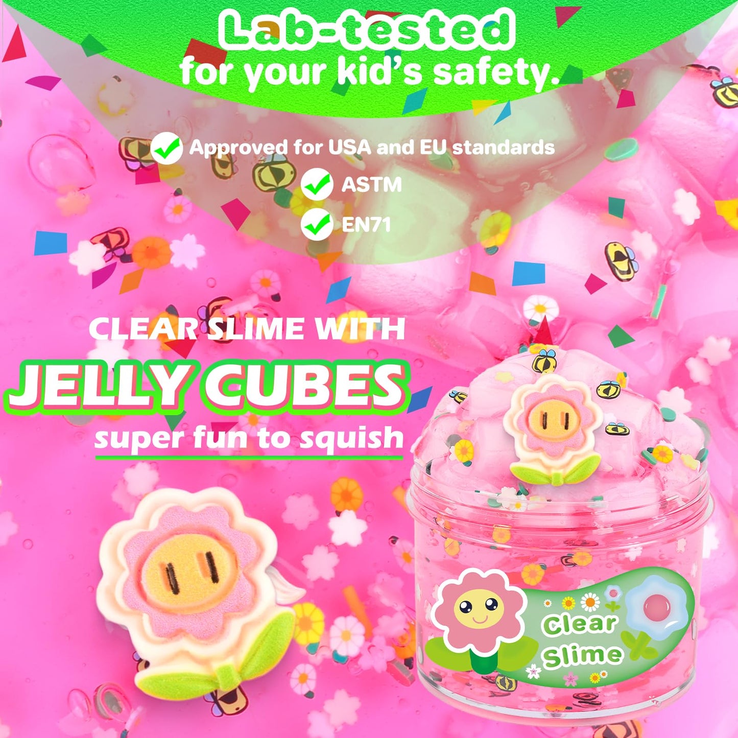 Jigejunfa Pink Clear Slime Sunflower Big Jar with Jelly Cubes  Kids Putty Party Favors  Cute Slices Mix Ins  Crunchy Crystal Bubble Slime  Soft Sludge Toy Slime for Girl Boy  Stocking Basket Stuffers