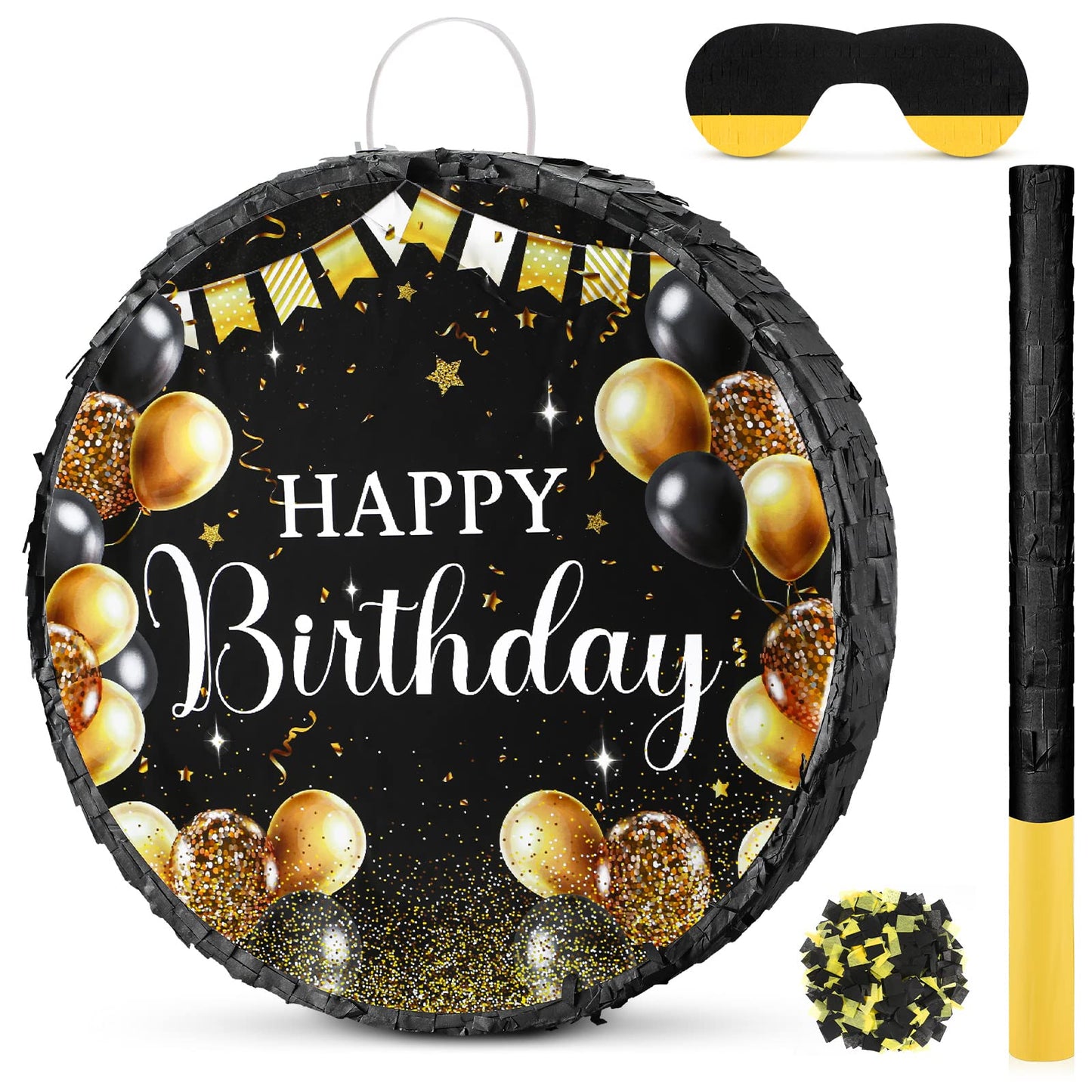 Sinmoe Birthday Piata with Stick Blindfold and Confetti for Boys Girls Men Women Birthday Party Supplies(Black and Gold)
