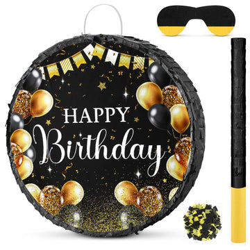 Sinmoe Birthday Piata with Stick Blindfold and Confetti for Boys Girls Men Women Birthday Party Supplies(Black and Gold)