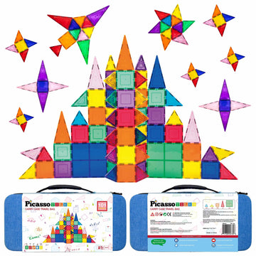 PicassoTiles 101pcs Magnetic Building Block Toy + Case Set Magnet Tile Construction Blocks for Ages 3 and Up Educational Kit Chi