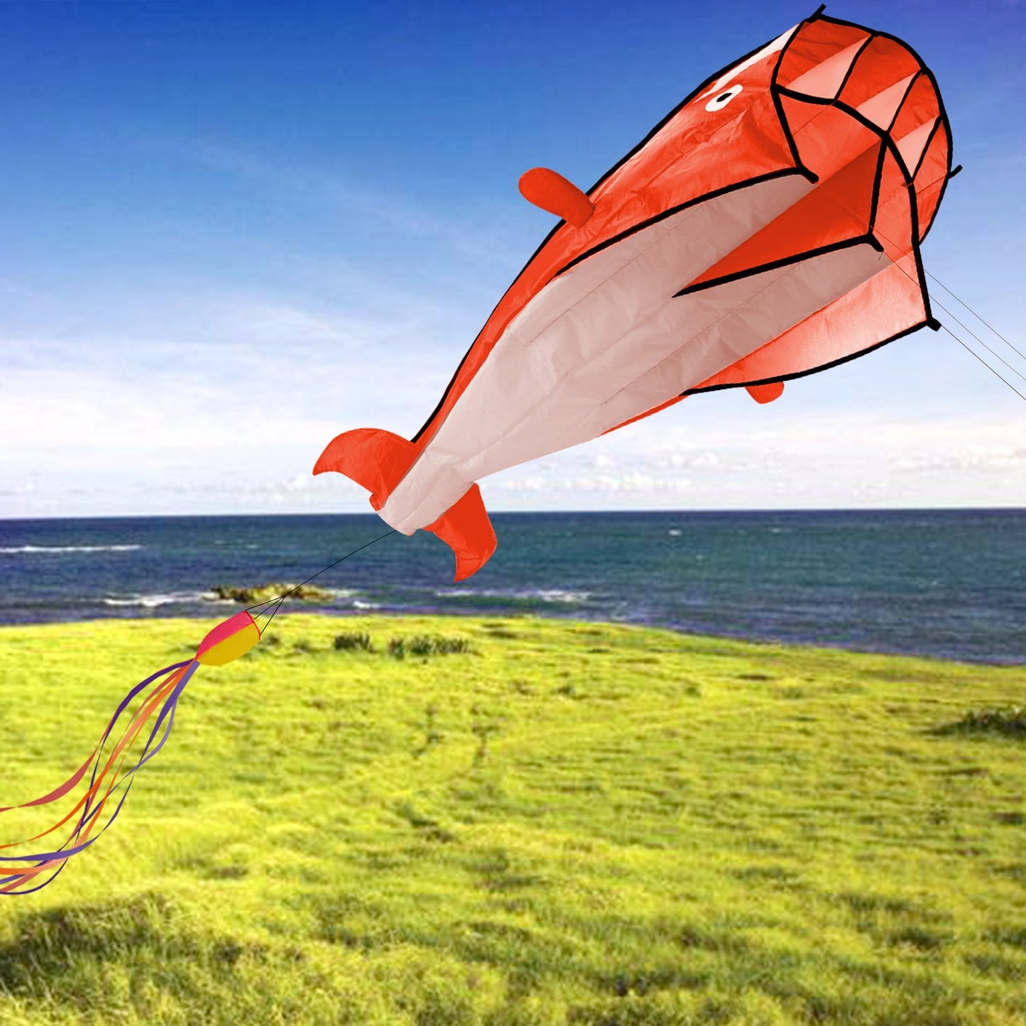 IMAGE Large 3D Orange Dolphin Kite for mature-themed  82.67in*10.62in Frameless Soft Parafoil Giant Kite Easy to Fly Beginners and Perfect for The Beach