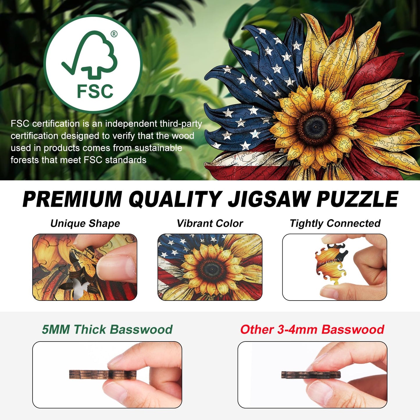 American Flag Sunflower Wooden Puzzles for mature-themeds  300pcs Wooden Jigsaw Puzzles for mature-themeds  Unique Shaped Jigsaw Puzzles Creative Gift for Friend Family Game Large Size 15'' x 15''