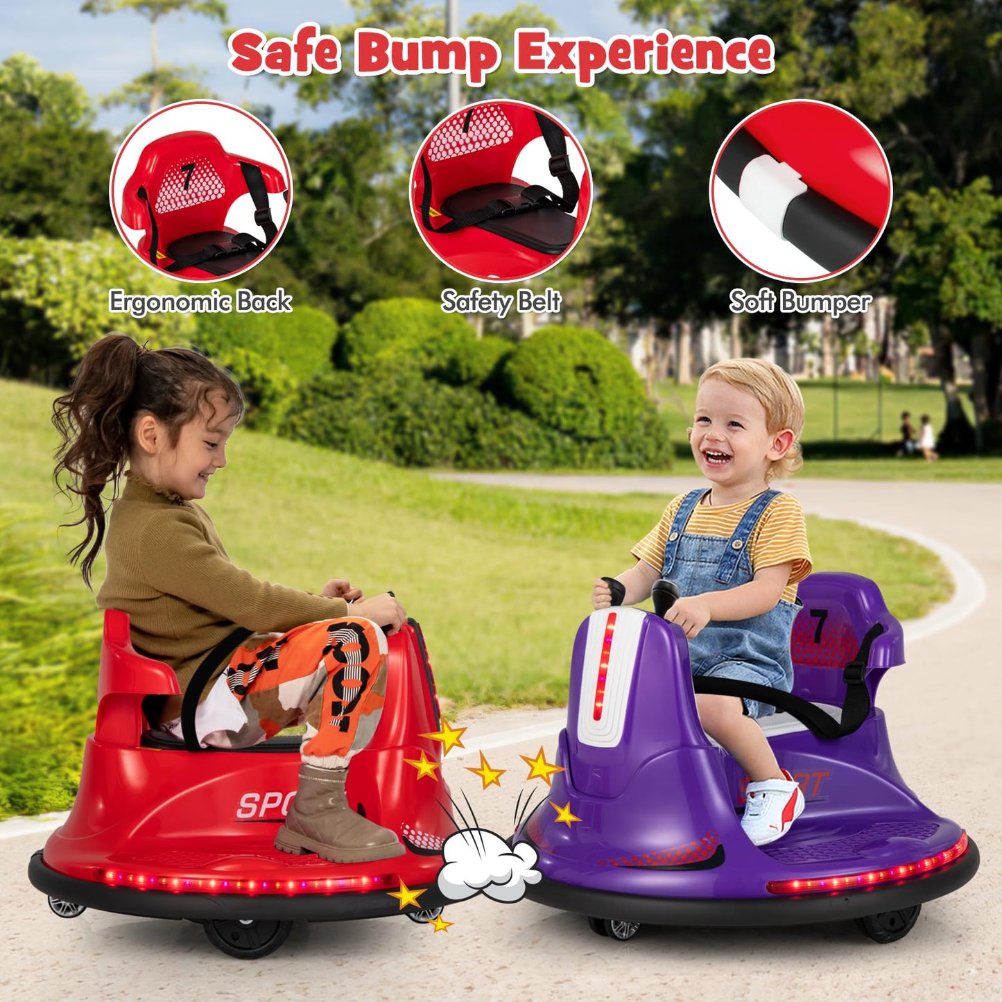 Costzon 12V Kids Ride On Bumper Car, Electric Bumper Car W/Dual Joysticks, Remote Control, 360° Spin, Slow Start Function, Led Lights & Fun Music, Adjustable Safety Belt, Soft Bumper (Red)