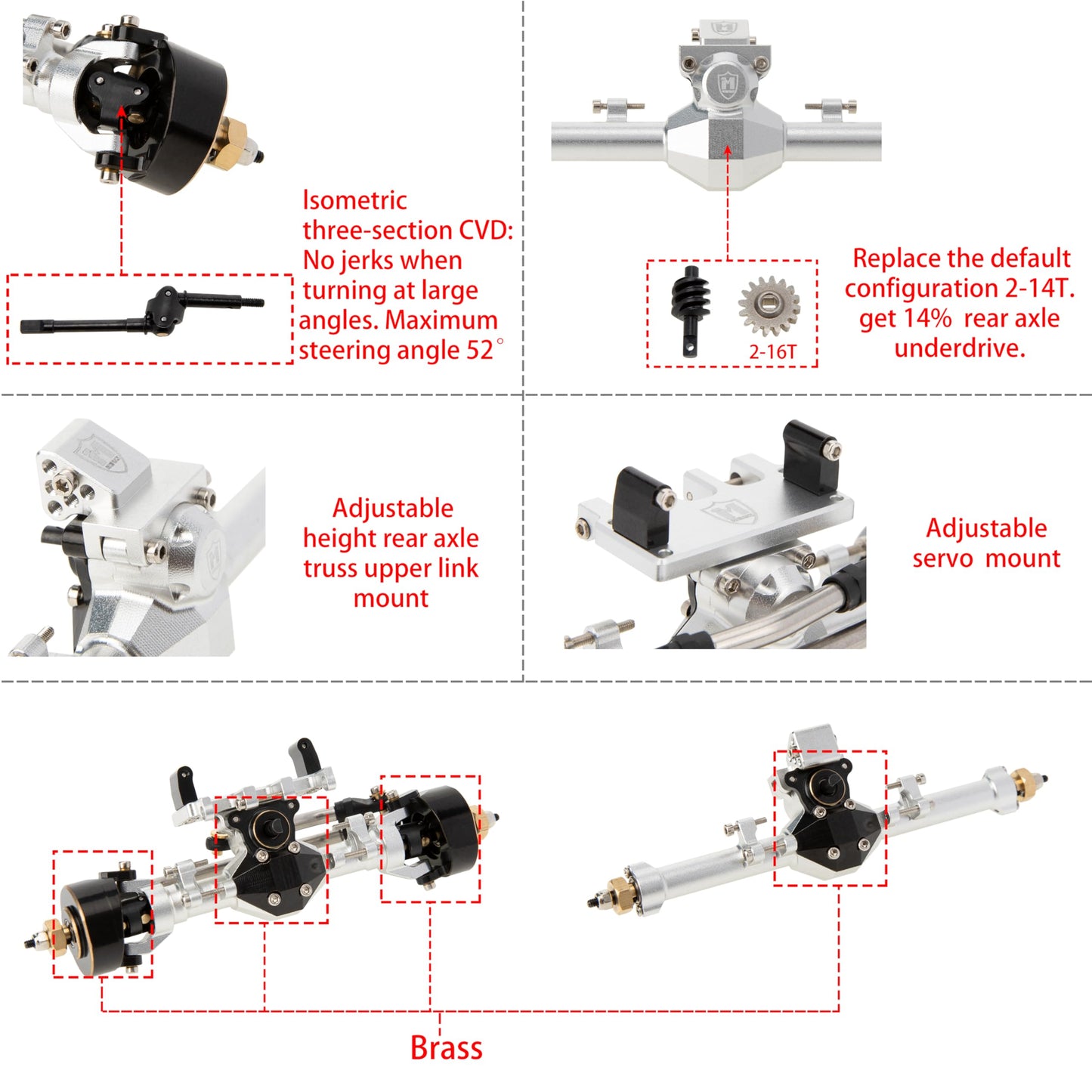 MEUS RACING SCX24 Axles Isokinetic CVD 52° Steering Angle +5mm Widened Front and Rear - Silver Upgrade for Axial SCX24 Crawler